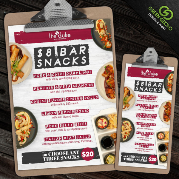 Bar Snack Menu design for The Duke of Wellington Green Gecko Design